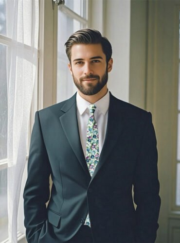 A model showcasing a stylish dusty blue floral tie.