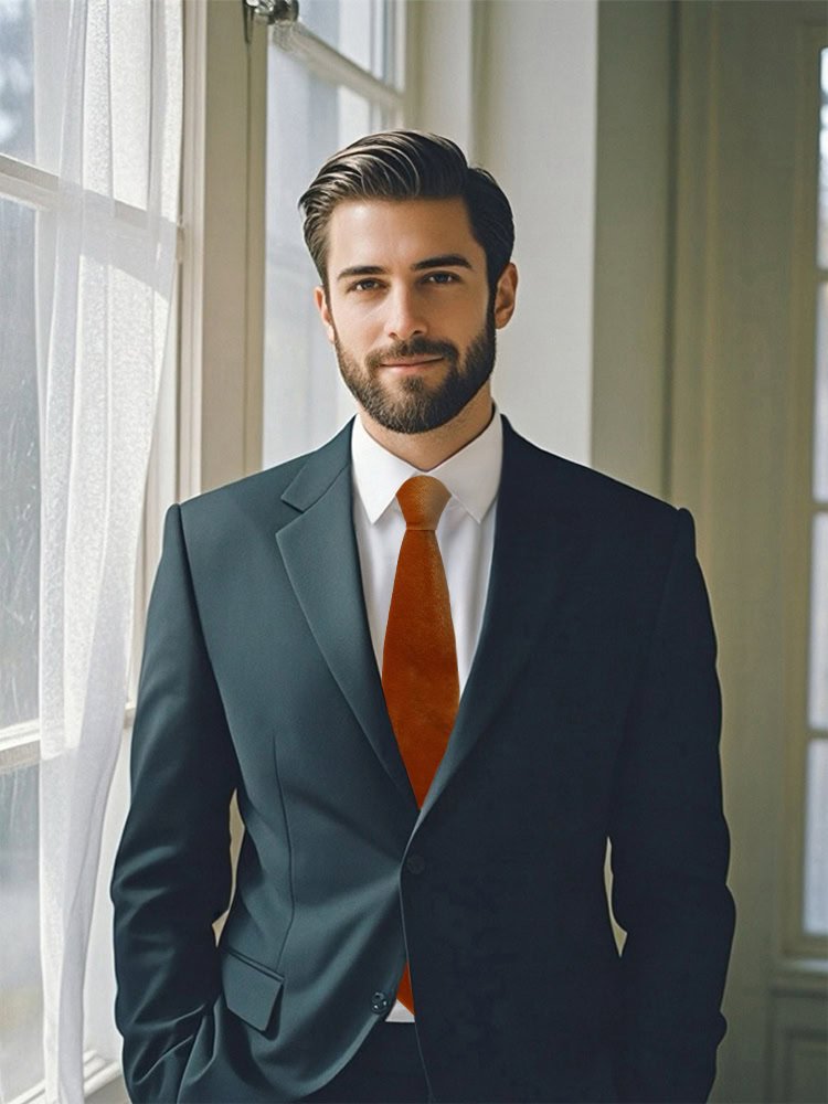 A male model wearing a dark navy suit and a burnt orange velvet tie.