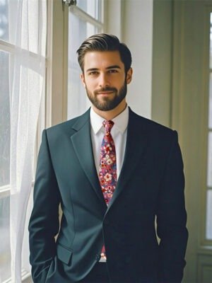 A model wearing a Chianti - colored floral tie and a dark suit