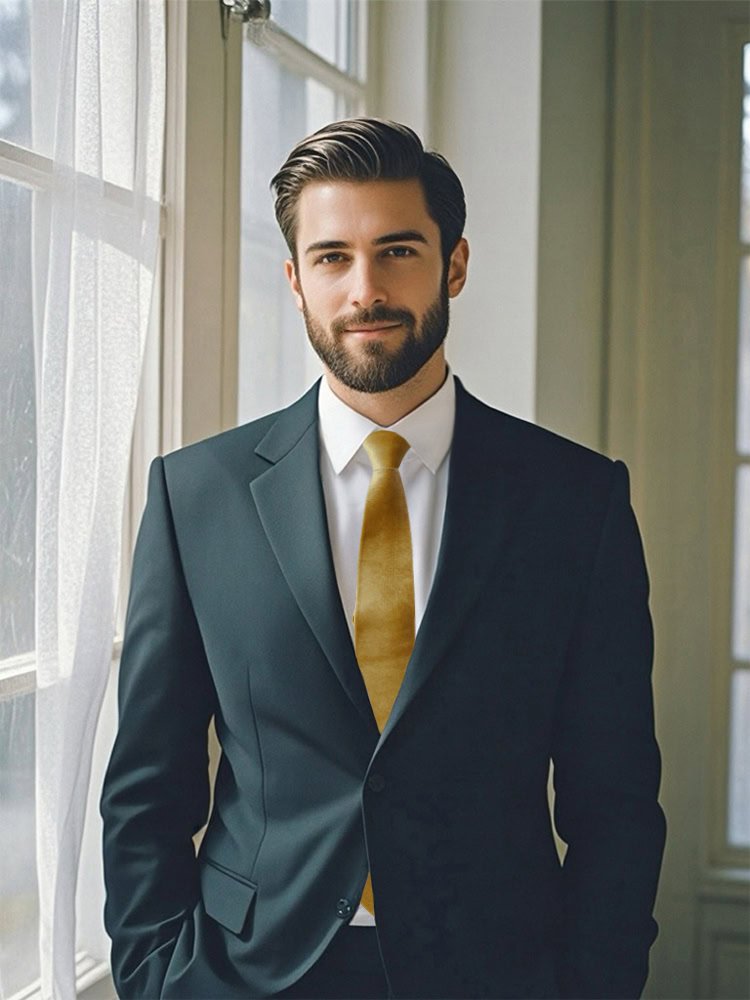 A male model wearing a dark navy suit and a mustard velvet tie.