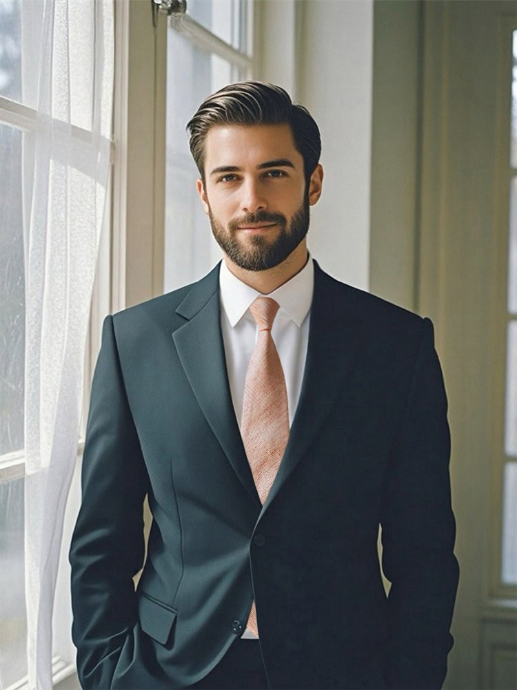 A model wearing a pearl pink linen tie and a dark suit
