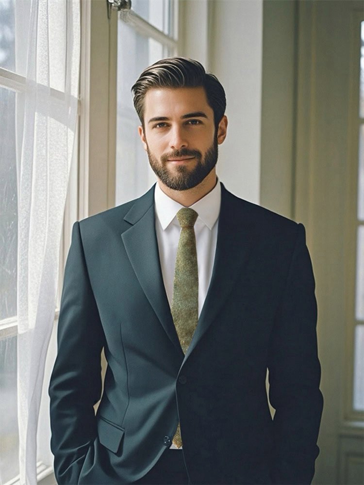 A model wearing a sage - colored striped tie and a dark suit