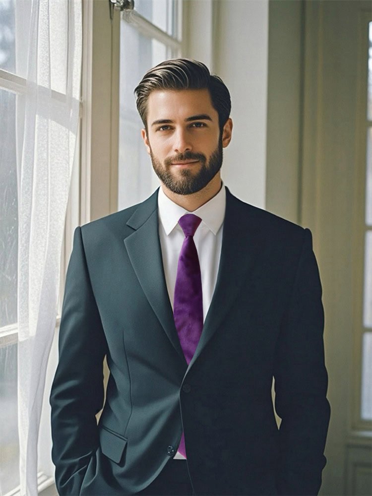 A model wearing a wisteria - colored velvet tie and a dark suit