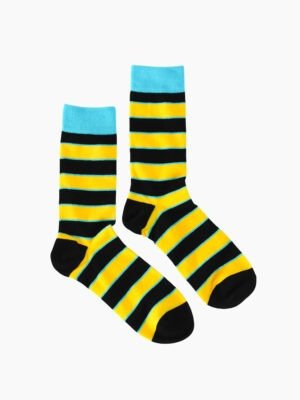 A pair of bee - inspired striped socks with black and yellow horizontal stripes and light blue tops.