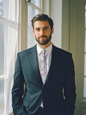 A well - dressed male model wearing a Happy Sky Blue Necktie with Red Leaf patterns.