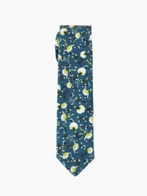 A steel - blue necktie adorned with white floral patterns.