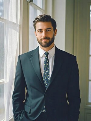 A well - dressed male model wearing a steel - blue necktie with white floral patterns.