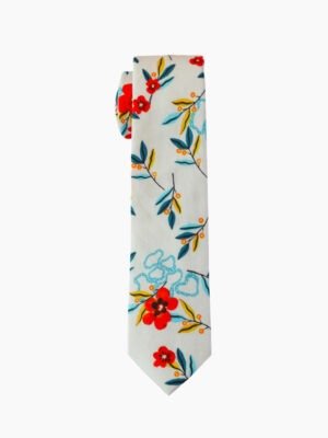 BOLD RED FLORAL TIE WITH BLUE LEAF SUIT
