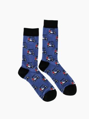 A pair of dark - blue socks with a pattern of golf carts, black cuffs, and black toes.