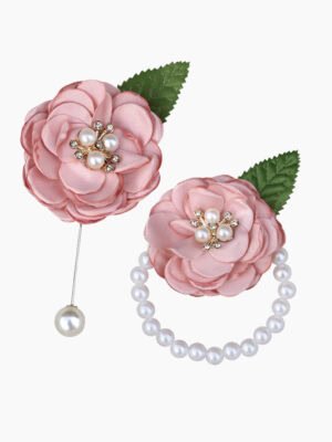Pink Camellia Brooch and Pearl Bracelet Set