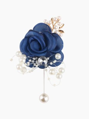 Navy blue rose brooch with pearl and gold - toned accents