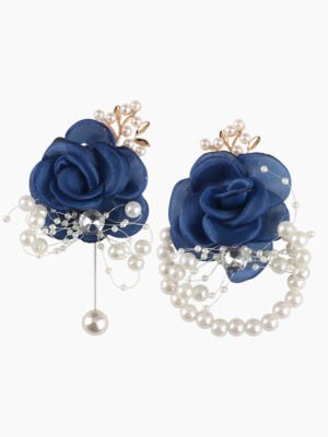 Navy Blue Rose Brooch and Pearl Bracelet Set