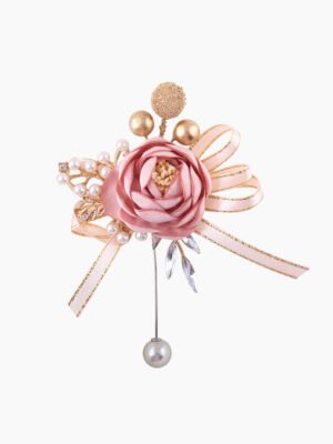 Pink floral brooch with pearl, crystal, and gold - toned accents