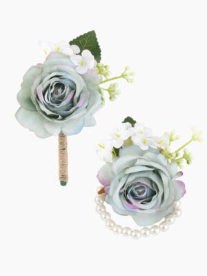 Ombre Blue Rose Brooch and Pearl Bracelet Set