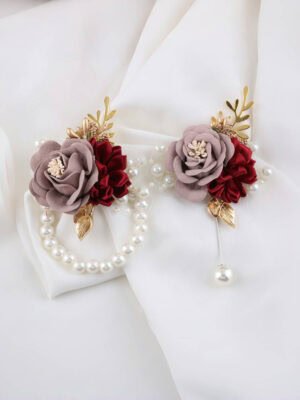 Burgundy and Mauve Rose Brooch and Pearl Bracelet Set