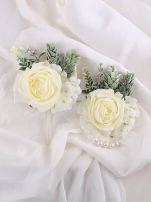 Ivory Rose Boutonniere and Pearl - Embellished Corsage Set