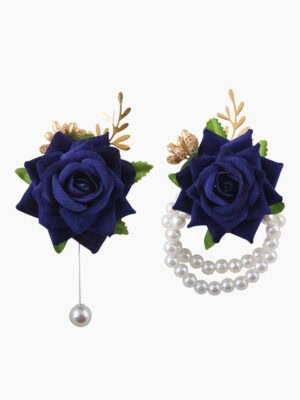 Navy Blue Rose Brooch and Pearl Bracelet Set