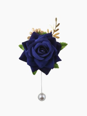 Navy blue rose brooch with a dangling pearl and gold - toned accents