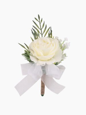 Ivory rose boutonniere with green foliage and white ribbon