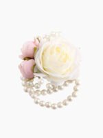 White and Pink Rose Brooch and Pearl Bracelet Set