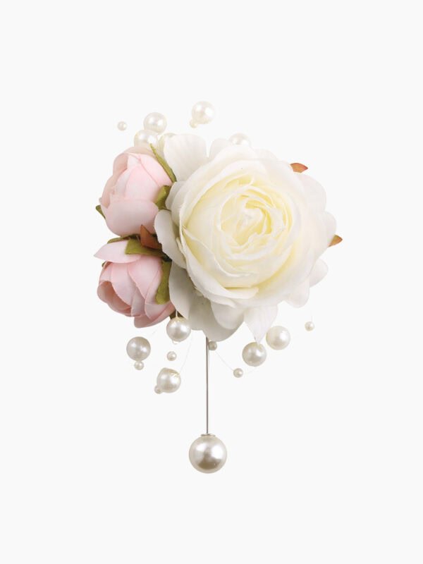 White and Pink Rose Brooch and Pearl Bracelet Set