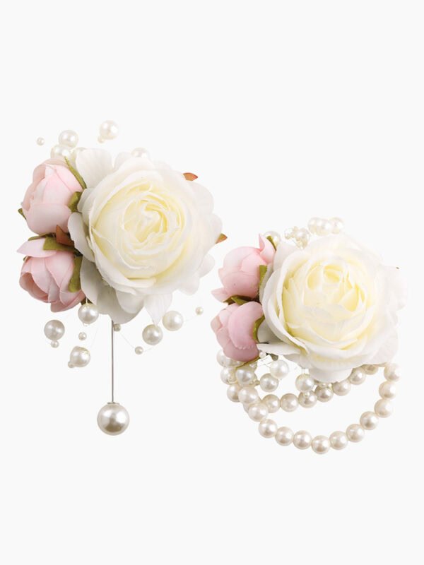 White and Pink Rose Brooch and Pearl Bracelet Set