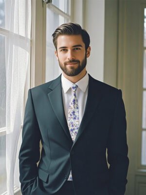 A model wearing a dark - green suit paired with a lavender floral men's tie, highlighting the tie's intricate pattern.