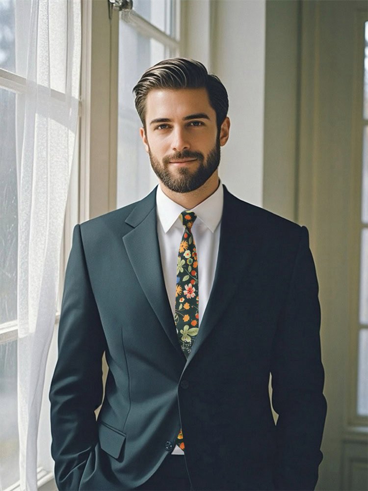 A model wearing an emerald floral necktie paired with a dark suit.