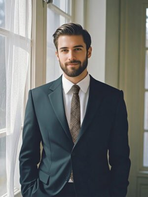 Man in a suit wearing a brown checkered wool tie