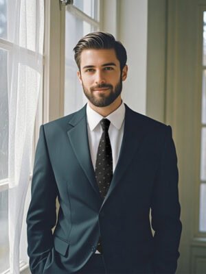 Man in a suit paired with a dark grey-based white fawn pattern tie