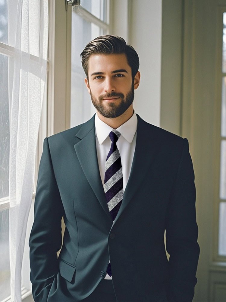 Man in a dark suit styled with a navy and grey diagonal striped tie for formal business occasions.