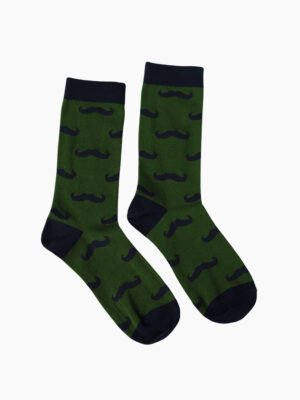 Olive green socks with black mustache pattern
