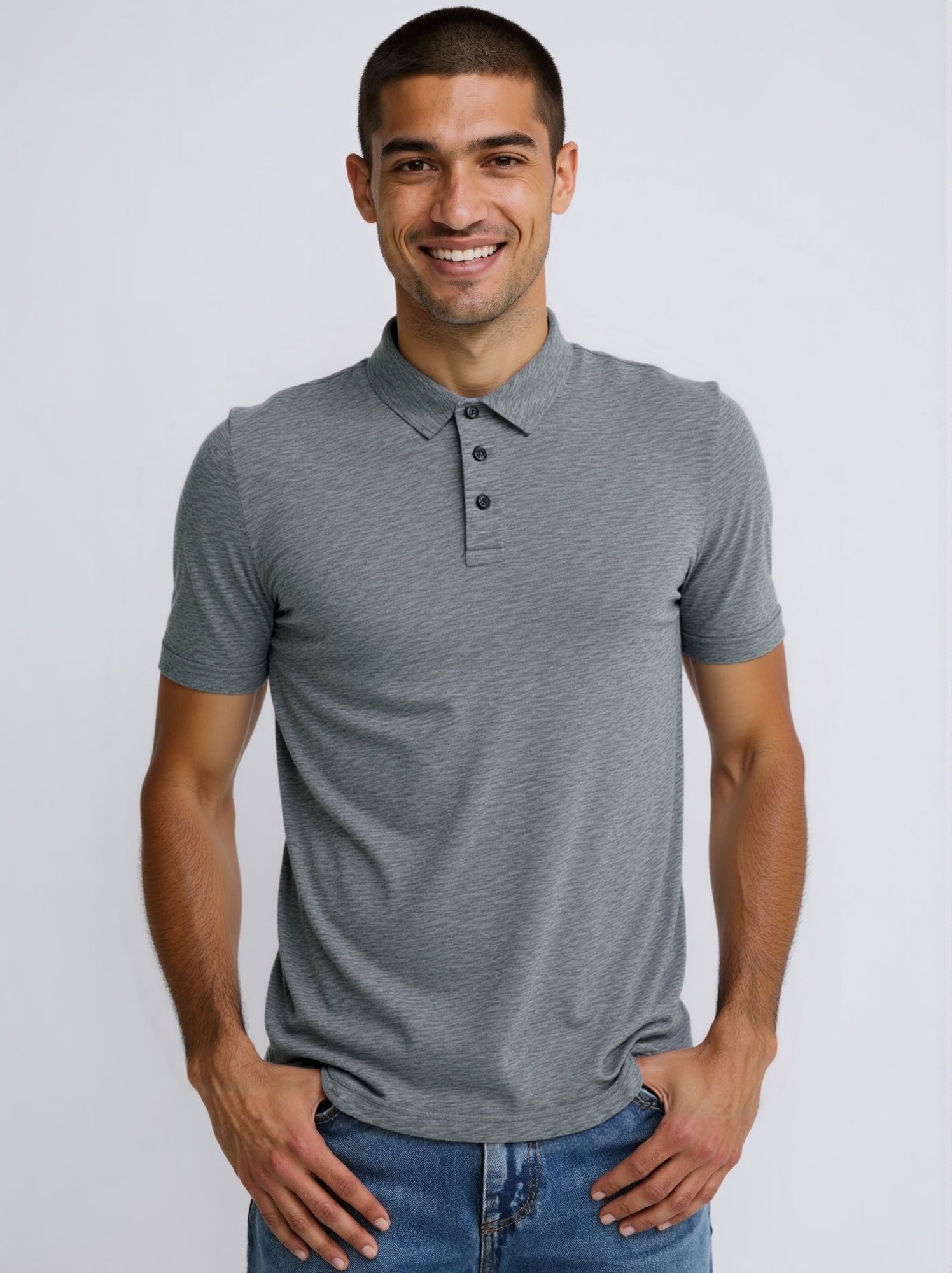 Men's 100% Cashmere Polo Shirt | Dark Grey Model Showcase