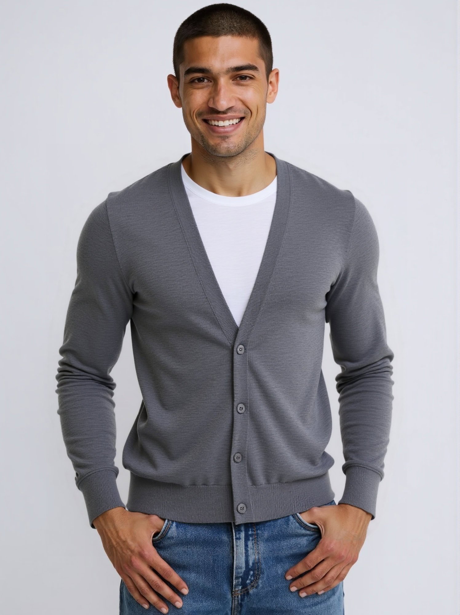 Men's Grey Knit Cardigan Outfit