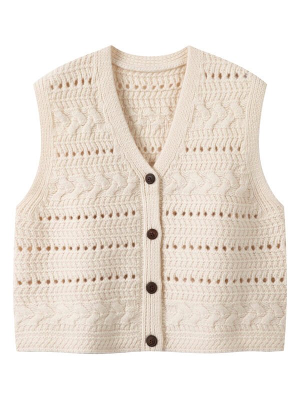 WOOL BLEND KNIT CROCHET VEST | IVORY & DARK GREY