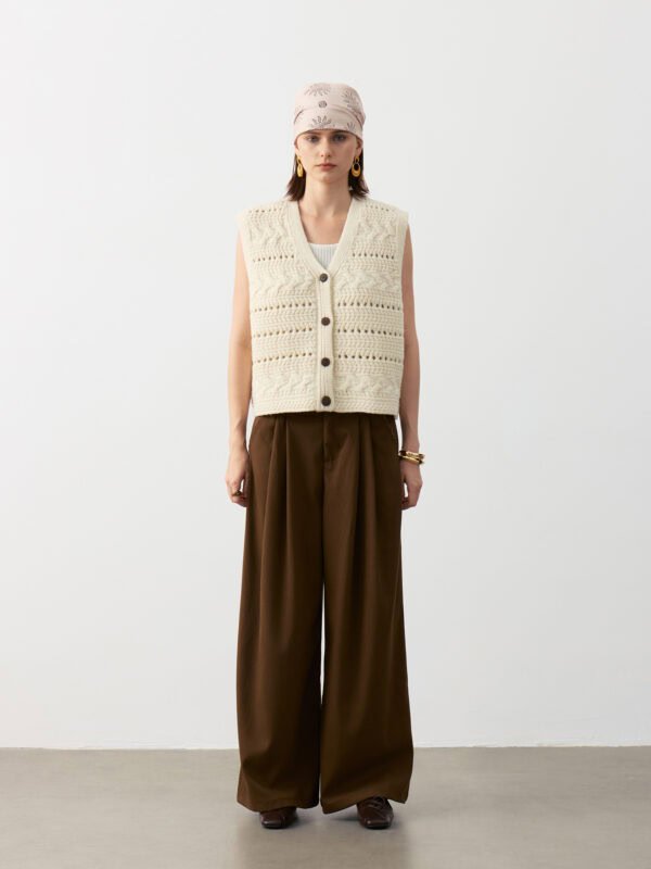 WOOL BLEND KNIT CROCHET VEST | IVORY & DARK GREY