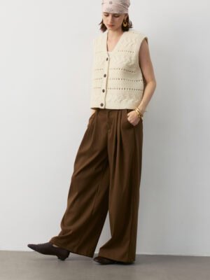 Ivory Wool Blend Knit Crochet Vest – Gentle Rebellion Style with Retro Textured Design for Young Fashion Enthusiasts