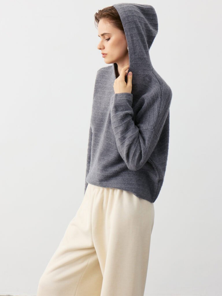 Luxury Rebel Pure Cashmere Hooded Sweater Outfit | Dark Grey with Cream Pants & Hood Styling Detail - Edgy Luxury