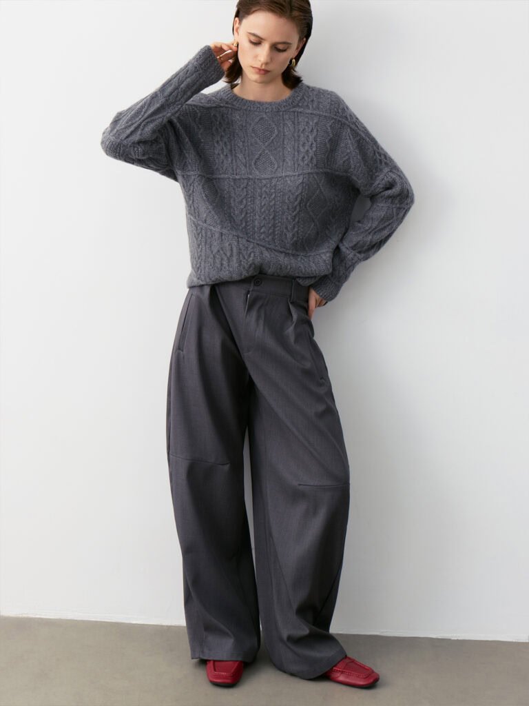Luxury Rebel ABLE-KNIT Pure Cashmere Crew Neck Sweater Outfit | Grey Cable Knit with Dark Grey Wide-Leg Pants - Edgy Luxury