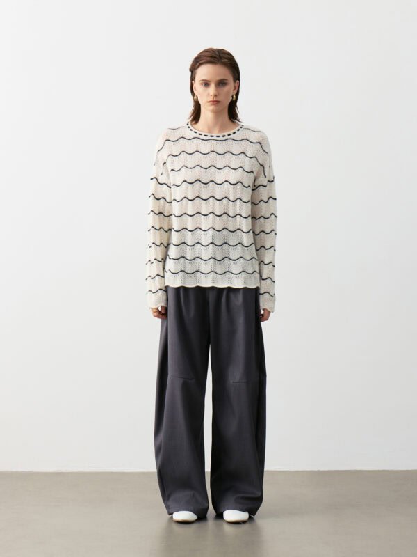 OVERSIZE IVORY BLACK WAVE OPENWORK CASHMERE SWEATER