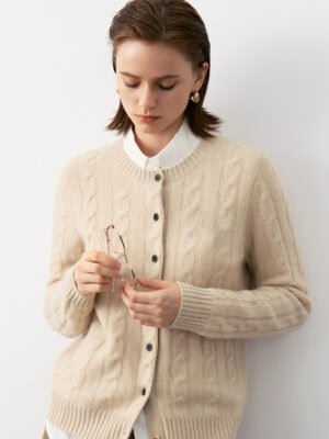 Model Wearing Beige Cable Knit Cashmere Cardigan – Layered Over White Shirt, Gentle Rebellion Style for Young Fashion Enthusiasts