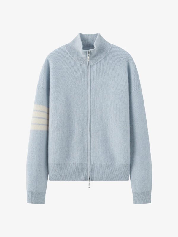 GOAT CASHMERE SPORTY ZIP-UP CARDIGAN | LIGHT BLUE WITH CREAM STRIPES