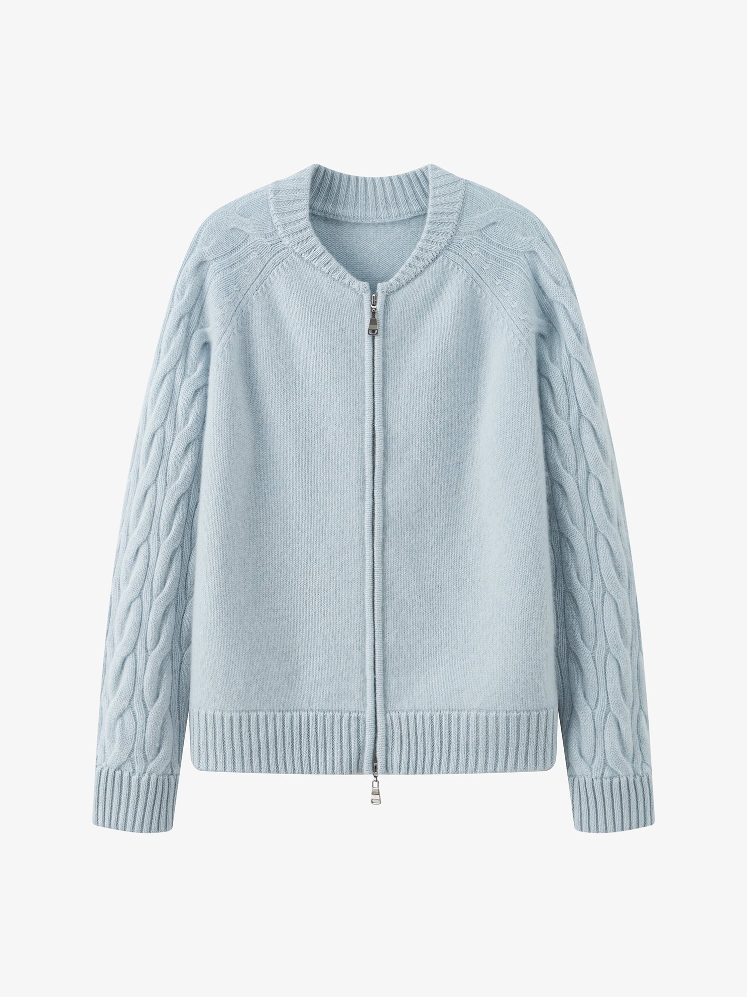 100% Cashmere Cable-Knit Zip-Up Cardigan Light Blue (Product Front View)
