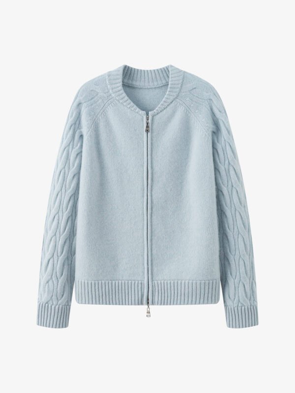PREMIUM GOAT CASHMERE CABLE-KNIT ZIP-UP CARDIGAN | LIGHT BLUE