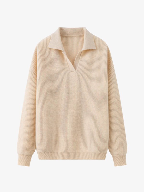 LUXURY CASHMERE POLO NECK SWEATER | TAUPE BROWN & CREAM BEIGE, RIBBED KNIT