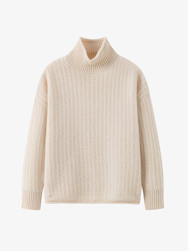 LUXURY CASHMERE TURTLENECK SWEATER | CREAM WHITE & TAUPE BROWN, TEXTURED KNIT