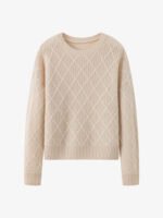 SOFT CASHMERE-TOUCH CREWNECK SWEATER WITH DIAMOND OPENWORK KNIT | LIGHT GREY & SOFT BEIGE