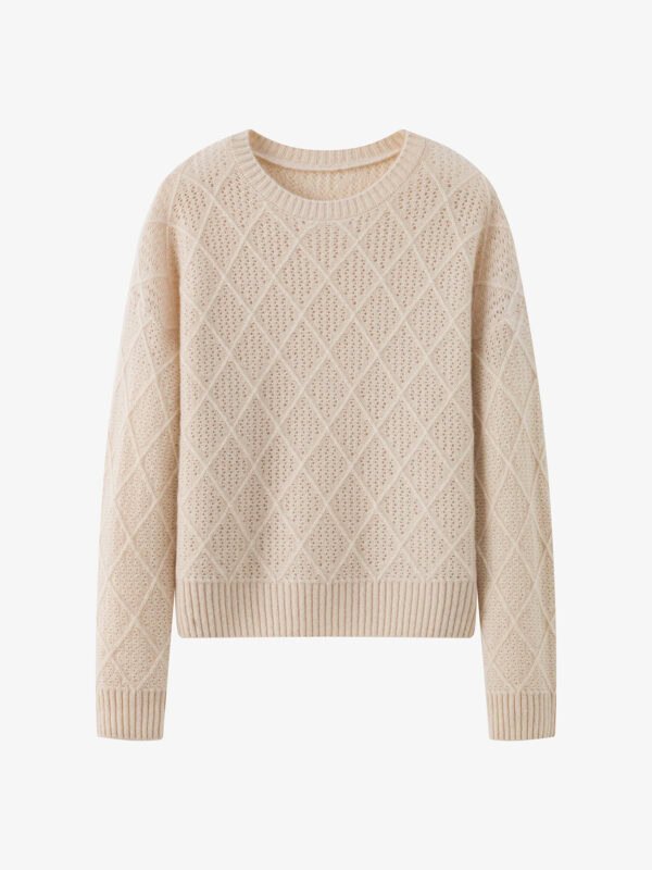 SOFT CASHMERE-TOUCH CREWNECK SWEATER WITH DIAMOND OPENWORK KNIT | LIGHT GREY & SOFT BEIGE