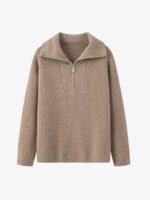 100% CASHMERE HALF-ZIP COLLARED SWEATER | LIGHT GREY & TAUPE BROWN