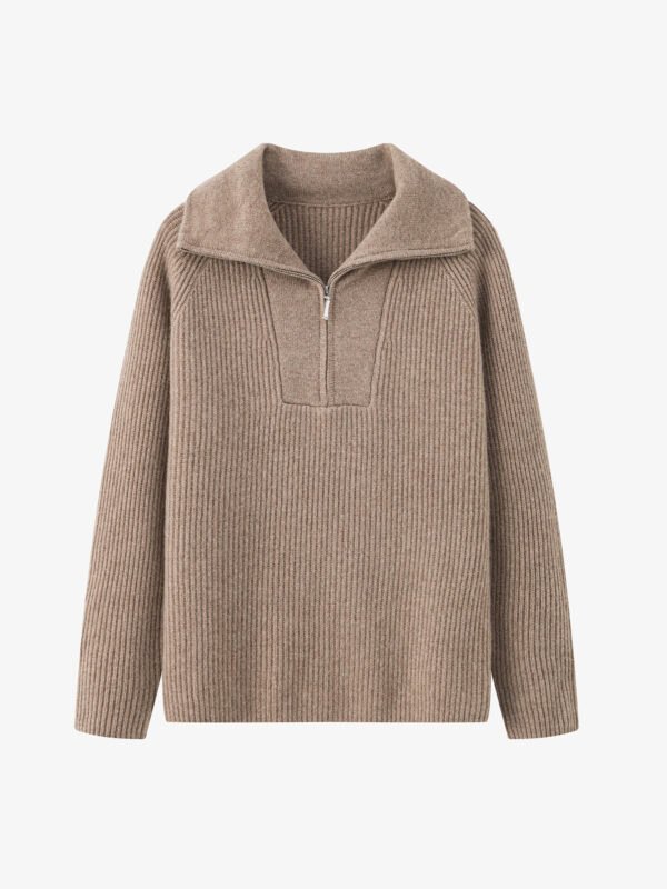 100% CASHMERE HALF-ZIP COLLARED SWEATER | LIGHT GREY & TAUPE BROWN